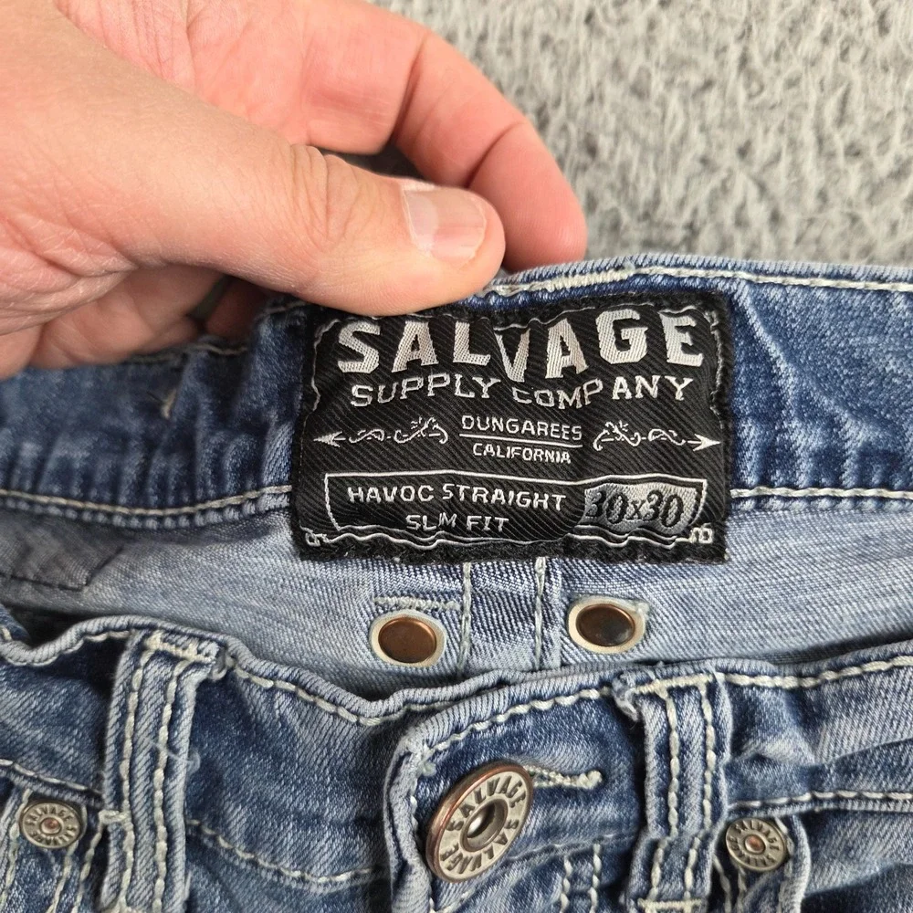 Salvage Jeans Mens 30x30 Blue Havoc Straight Slim Fit Distressed Low Rise Buckle